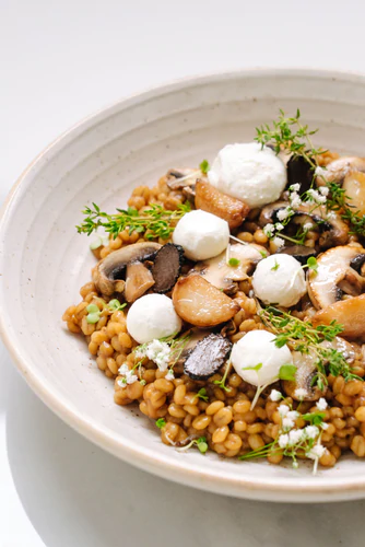 Wild Mushroom and Pearl Barley Risotto with Truffle Cream Cheese
